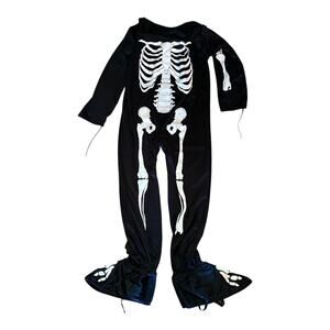 Skeleton Costume Jumpsuit 1 PC Kids Girls Boys 10-12 Black White Skelebones Bone